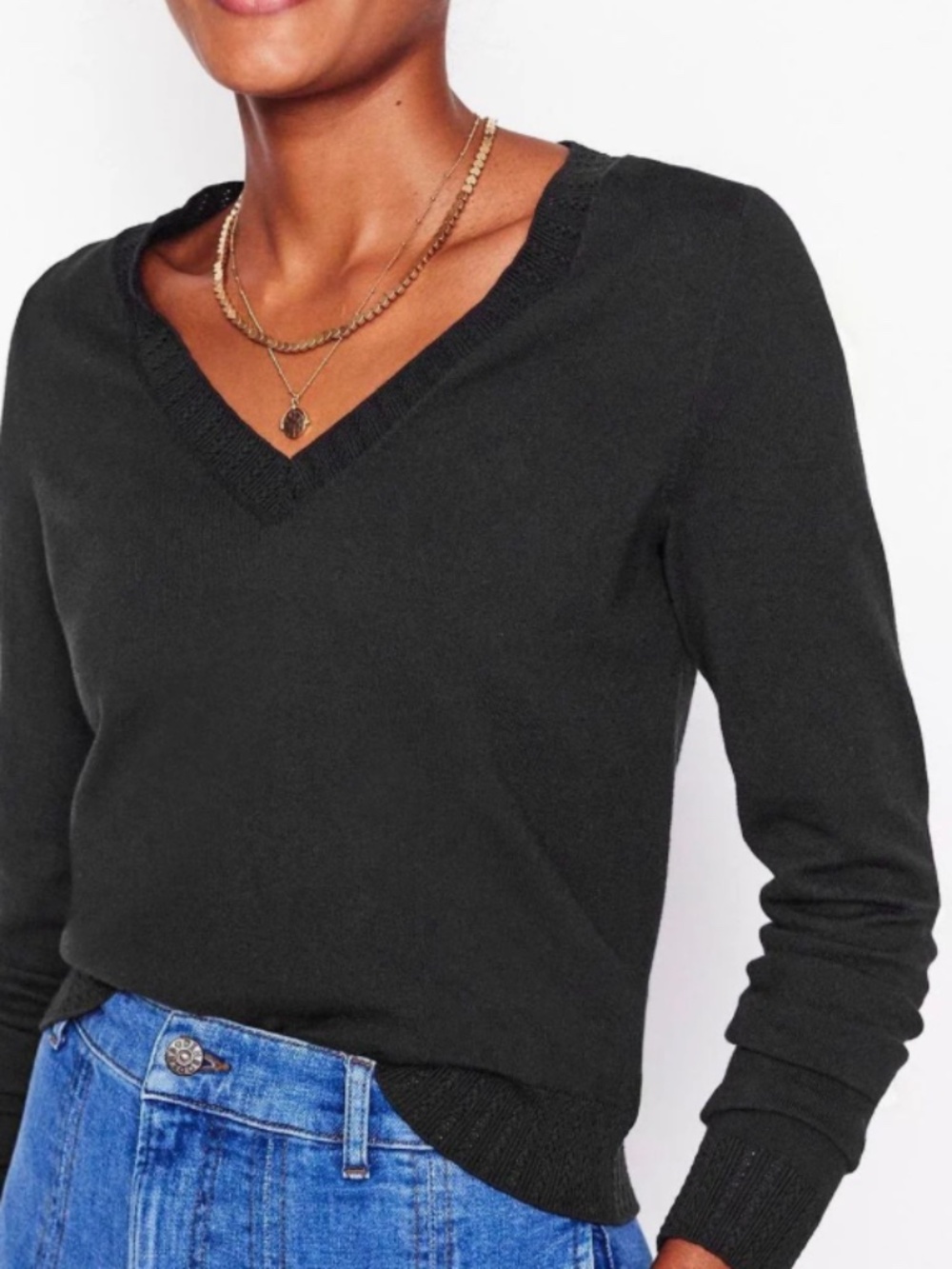 Boden Emilia V-Neck Jumper Black XS Cotton Blend Sweater